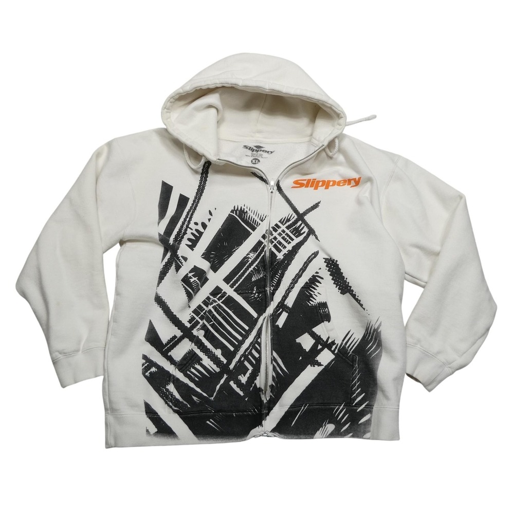 Slippery Hoodie Sweatshirt Mens XL White Full Zip Graphic Fleece Logo Cotton USA